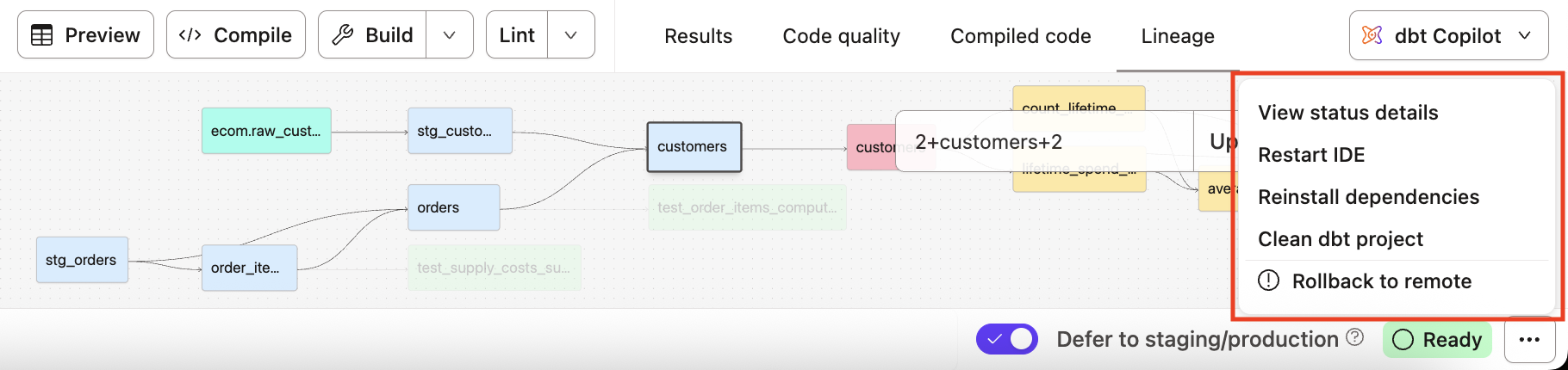 Access the IDE options menu to switch to dark or light mode, restart the IDE, rollback to remote, or view the IDE status Access the IDE options menu to switch to dark or light mode, restart the IDE, rollback to remote, or view the IDE status