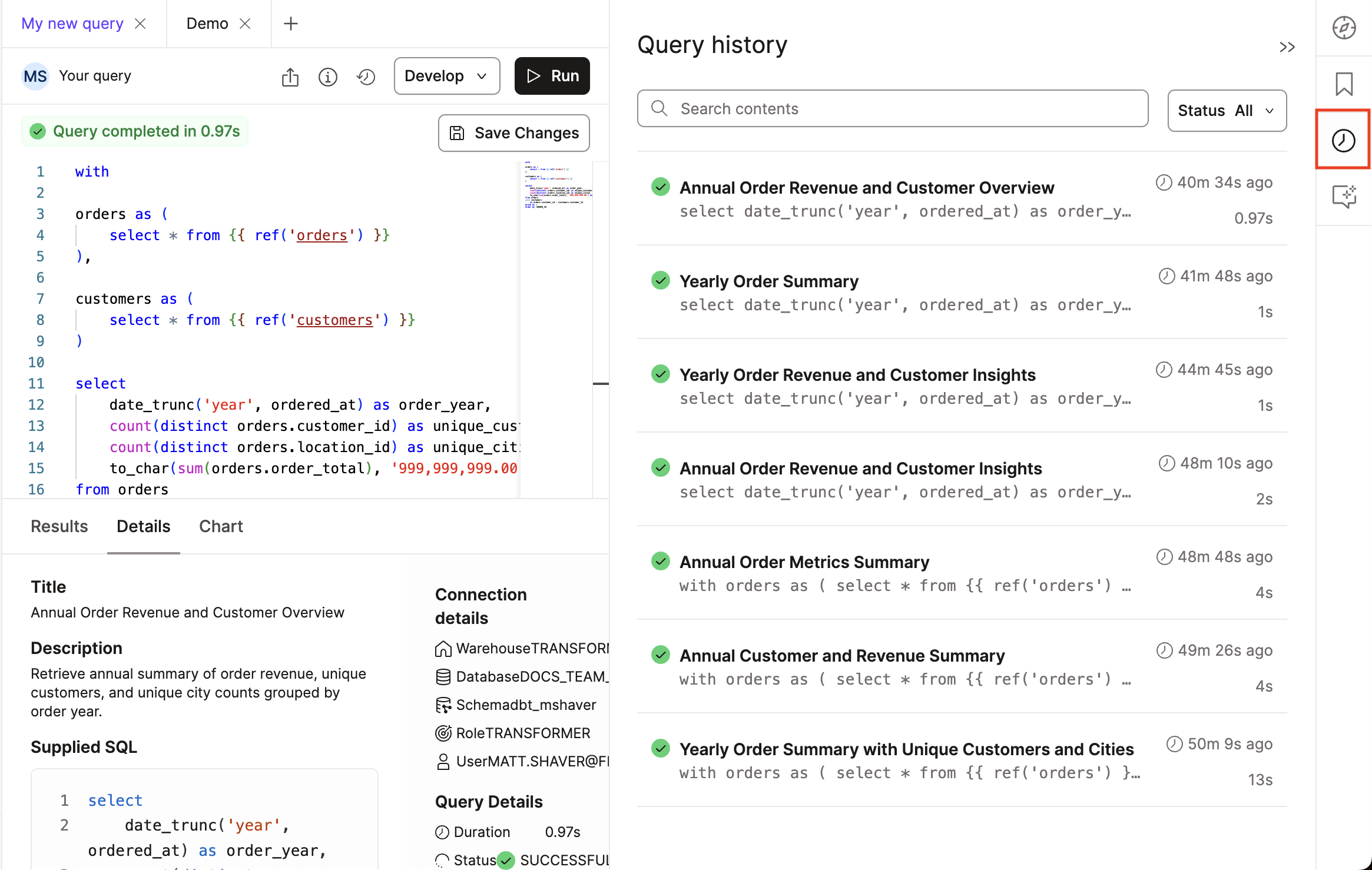 dbt Insights Query history icon dbt Insights Query history icon